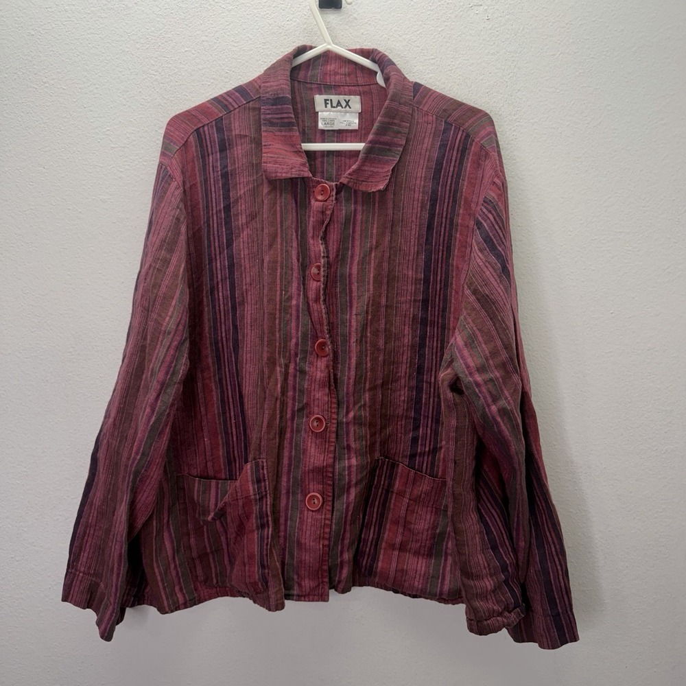 FLAX 100% Linen Top Button Up Oversized Jacket Tunic Striped SZ L Lagenlook Boho